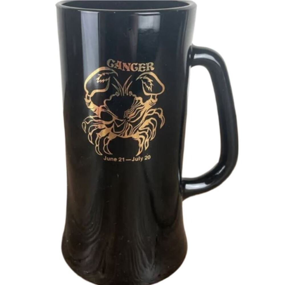 Black Milk Glass Beer Stein‎ Tankard Vintage Astrology Gold Zodiac Sign Cancer